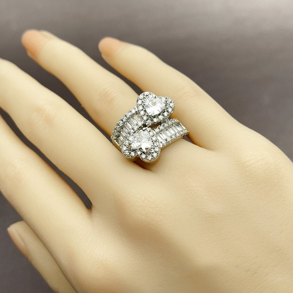 Rhodium Gold Filled Multi Stone Ring, Heart and Baguette Design, with White Cubic Zirconia and White Micro Pave, Polished, Rhodium Finish