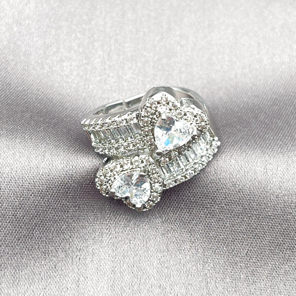 Rhodium Gold Filled Multi Stone Ring, Heart and Baguette Design, with White Cubic Zirconia and White Micro Pave, Polished, Rhodium Finish