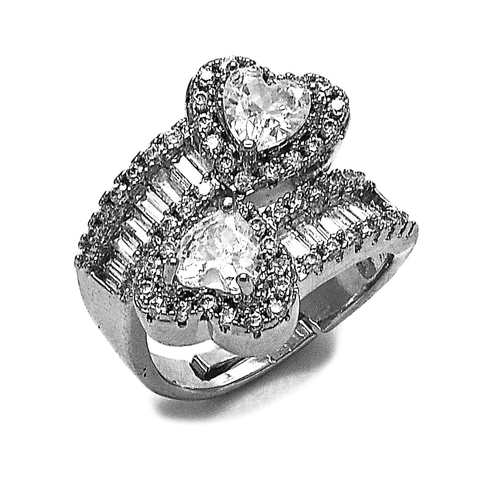 Rhodium Gold Filled Multi Stone Ring, Heart and Baguette Design, with White Cubic Zirconia and White Micro Pave, Polished, Rhodium Finish