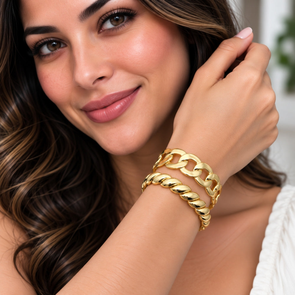 Oro Laminado Individual Bangle, Gold Filled Style Miami Cuban Design, Polished, Golden Finish