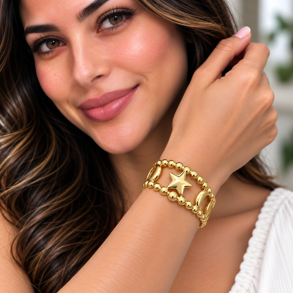 Oro Laminado Individual Bangle, Gold Filled Style Star and Moon Design, Polished, Golden Finish