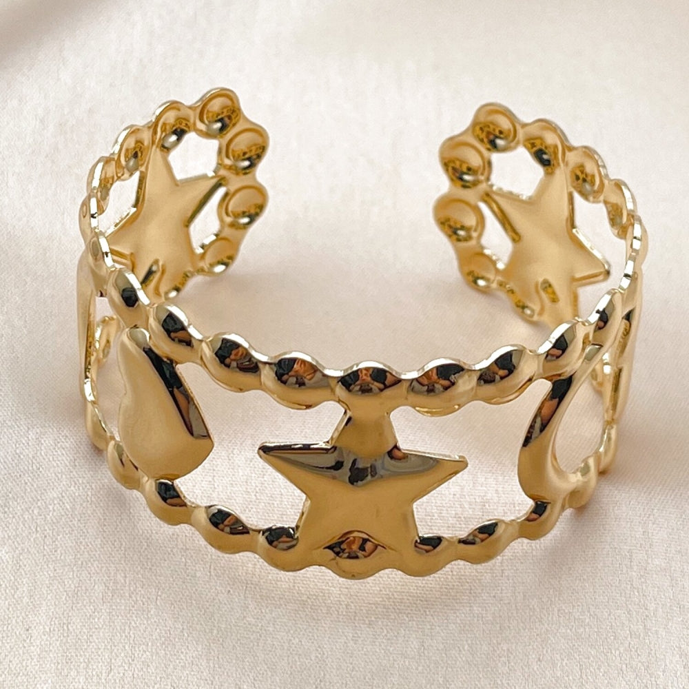 Oro Laminado Individual Bangle, Gold Filled Style Star and Moon Design, Polished, Golden Finish