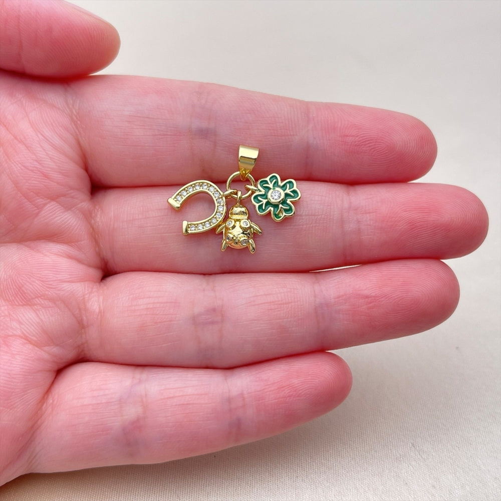 Oro Laminado Fancy Pendant, Gold Filled Style Flower and Turtle Design, with White Cubic Zirconia, Green Enamel Finish, Golden Finish