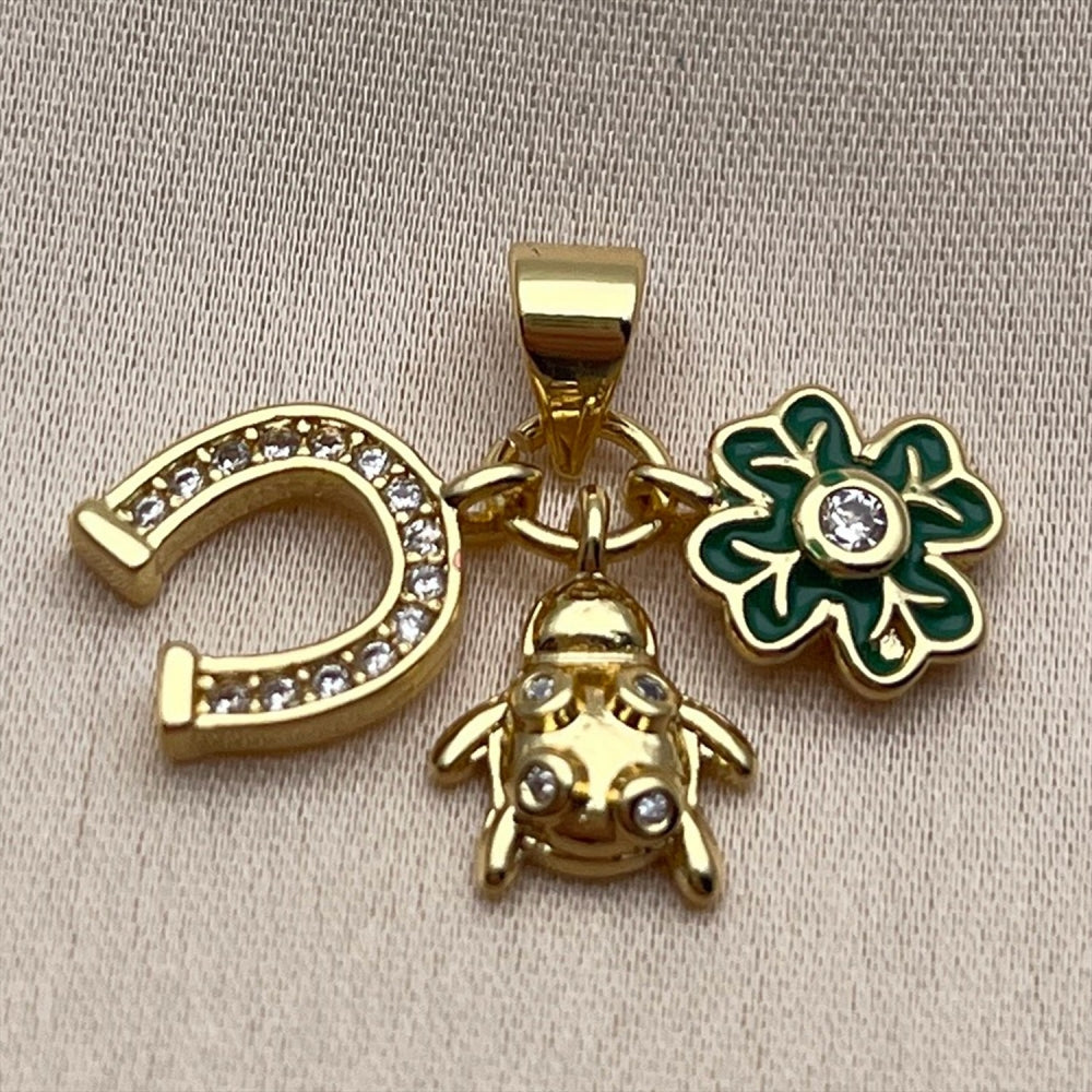 Oro Laminado Fancy Pendant, Gold Filled Style Flower and Turtle Design, with White Cubic Zirconia, Green Enamel Finish, Golden Finish