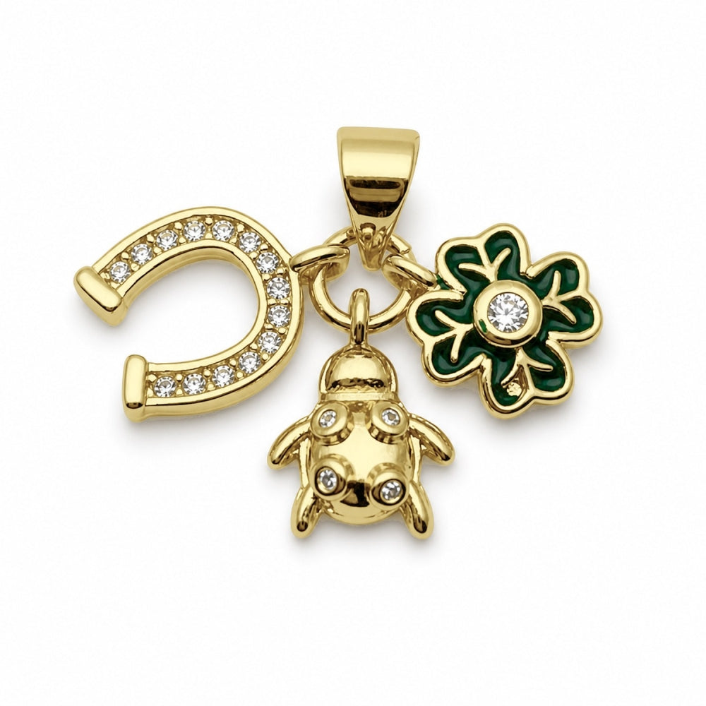 Oro Laminado Fancy Pendant, Gold Filled Style Flower and Turtle Design, with White Cubic Zirconia, Green Enamel Finish, Golden Finish