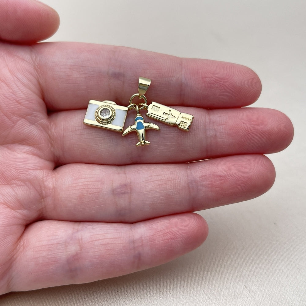 Oro Laminado Fancy Pendant, Gold Filled Style Airplane Design, with White Cubic Zirconia, White Enamel Finish, Golden Finish