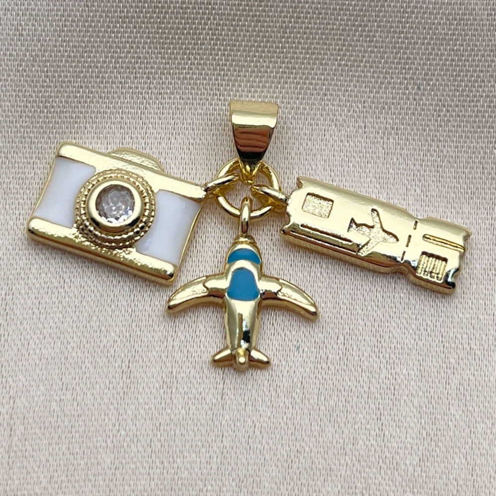 Oro Laminado Fancy Pendant, Gold Filled Style Airplane Design, with White Cubic Zirconia, White Enamel Finish, Golden Finish