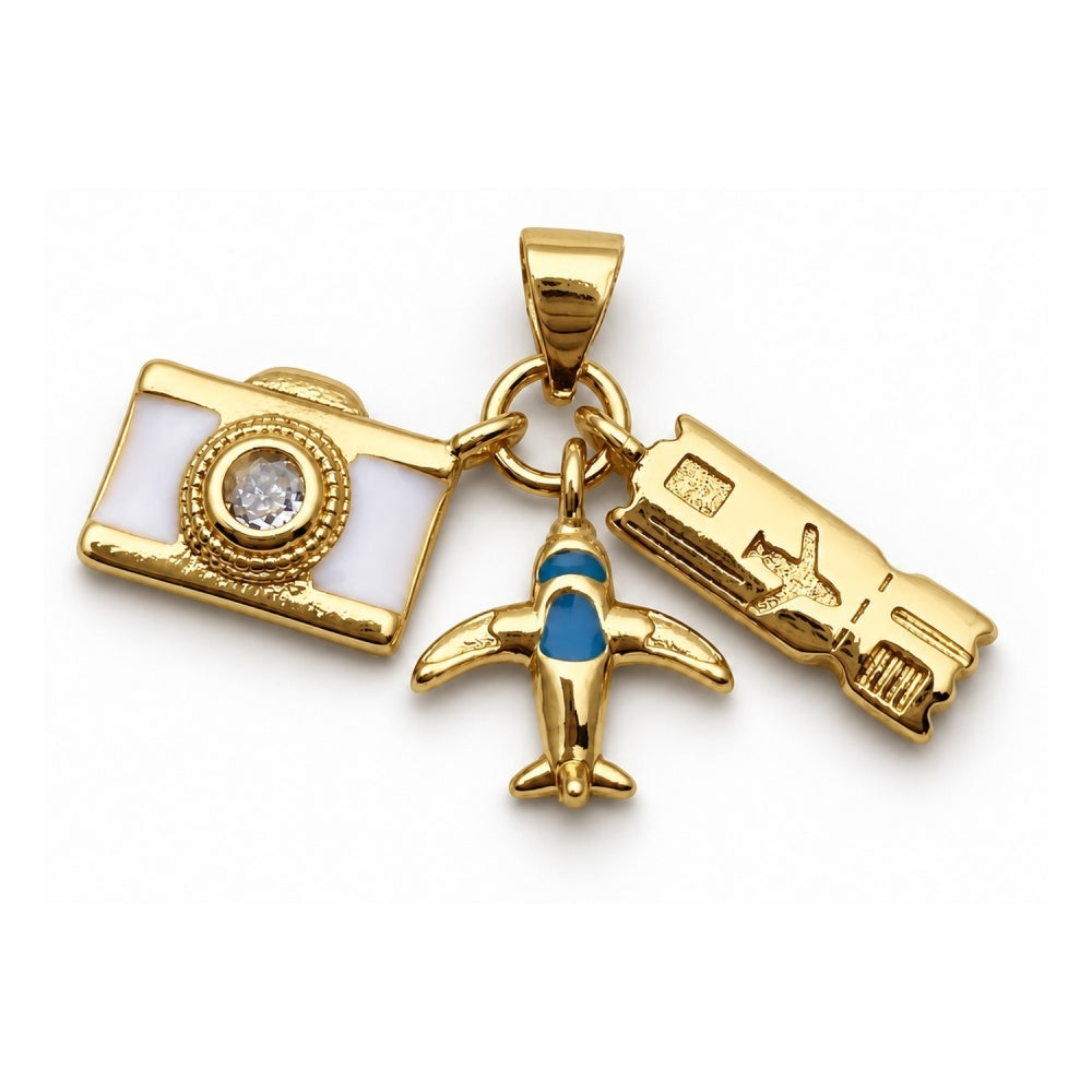 Oro Laminado Fancy Pendant, Gold Filled Style Airplane Design, with White Cubic Zirconia, White Enamel Finish, Golden Finish