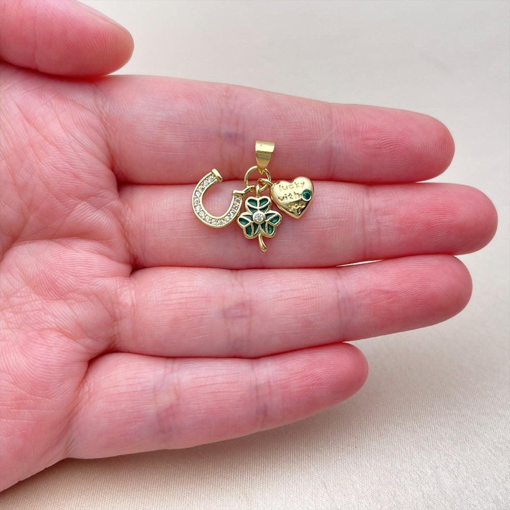 Oro Laminado Fancy Pendant, Gold Filled Style Horseshoe and Heart Design, with Green and White Cubic Zirconia, Green Enamel Finish, Golden Finish