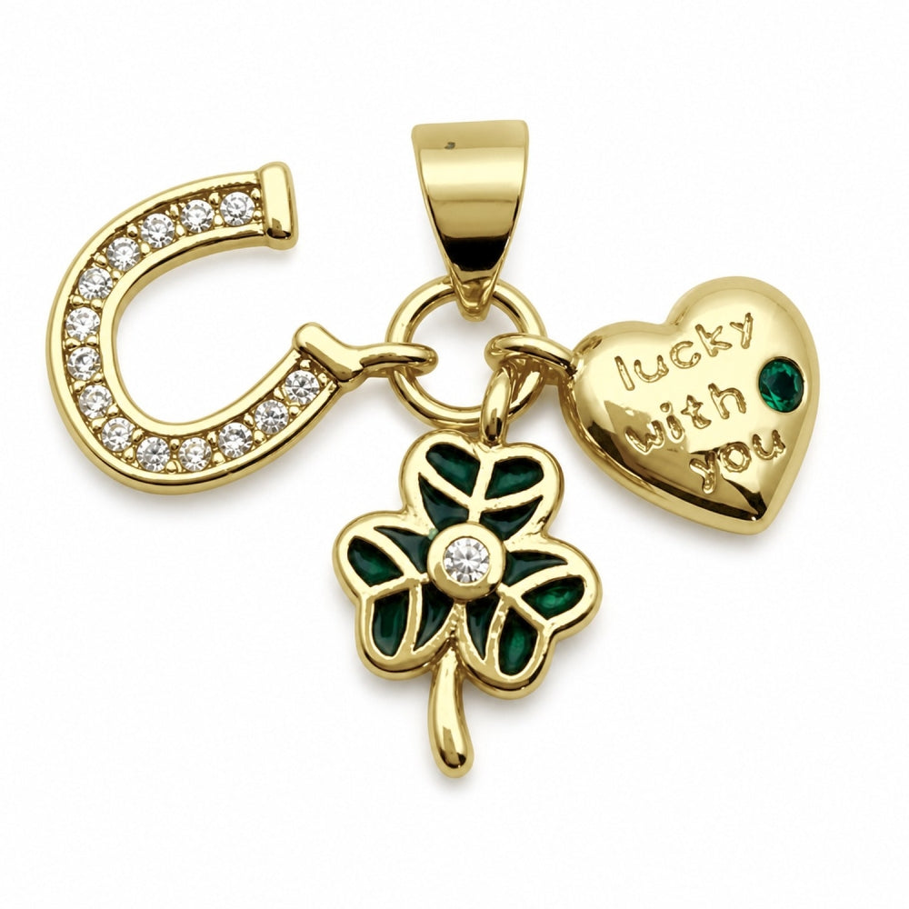 Oro Laminado Fancy Pendant, Gold Filled Style Horseshoe and Heart Design, with Green and White Cubic Zirconia, Green Enamel Finish, Golden Finish