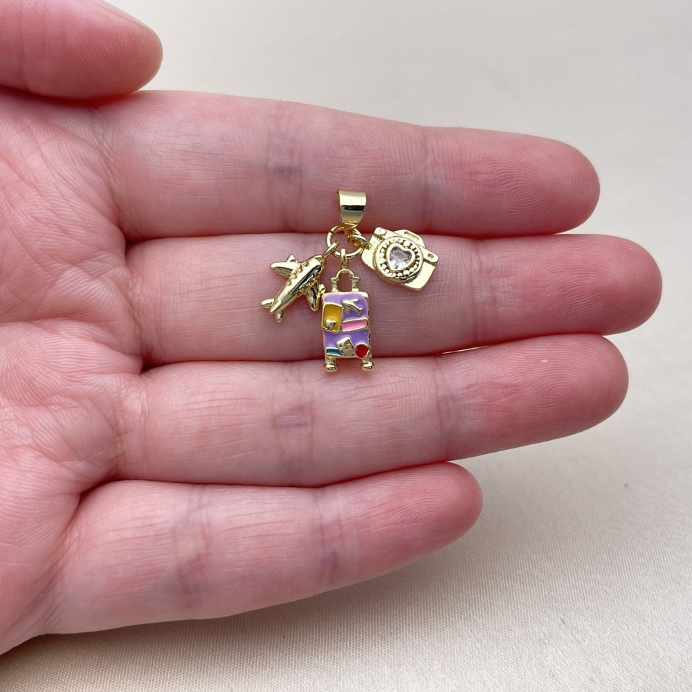 Oro Laminado Fancy Pendant, Gold Filled Style Heart and Airplane Design, with White Cubic Zirconia, Multicolor Enamel Finish, Golden Finish
