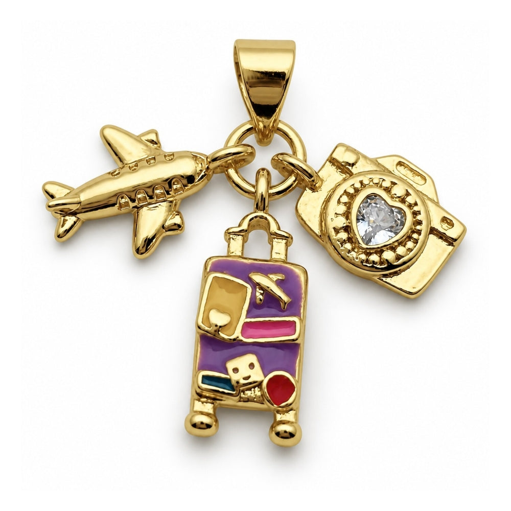 Oro Laminado Fancy Pendant, Gold Filled Style Heart and Airplane Design, with White Cubic Zirconia, Multicolor Enamel Finish, Golden Finish