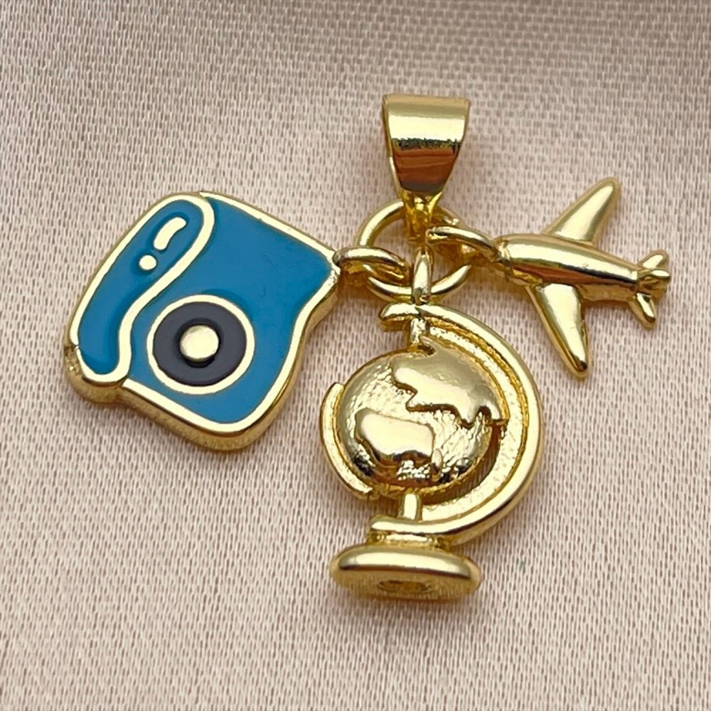 Oro Laminado Fancy Pendant, Gold Filled Style Airplane Design, Blue Enamel Finish, Golden Finish