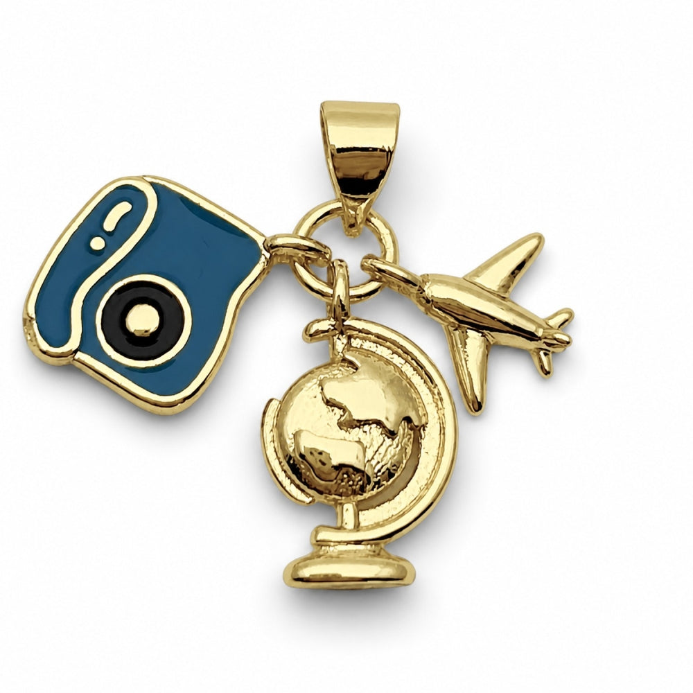 Oro Laminado Fancy Pendant, Gold Filled Style Airplane Design, Blue Enamel Finish, Golden Finish