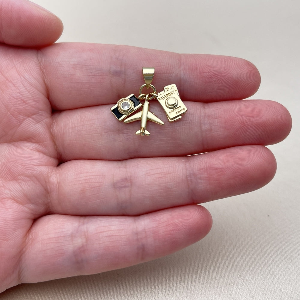 Oro Laminado Fancy Pendant, Gold Filled Style Airplane and Passport Design, with White Cubic Zirconia, Black Enamel Finish, Golden Finish