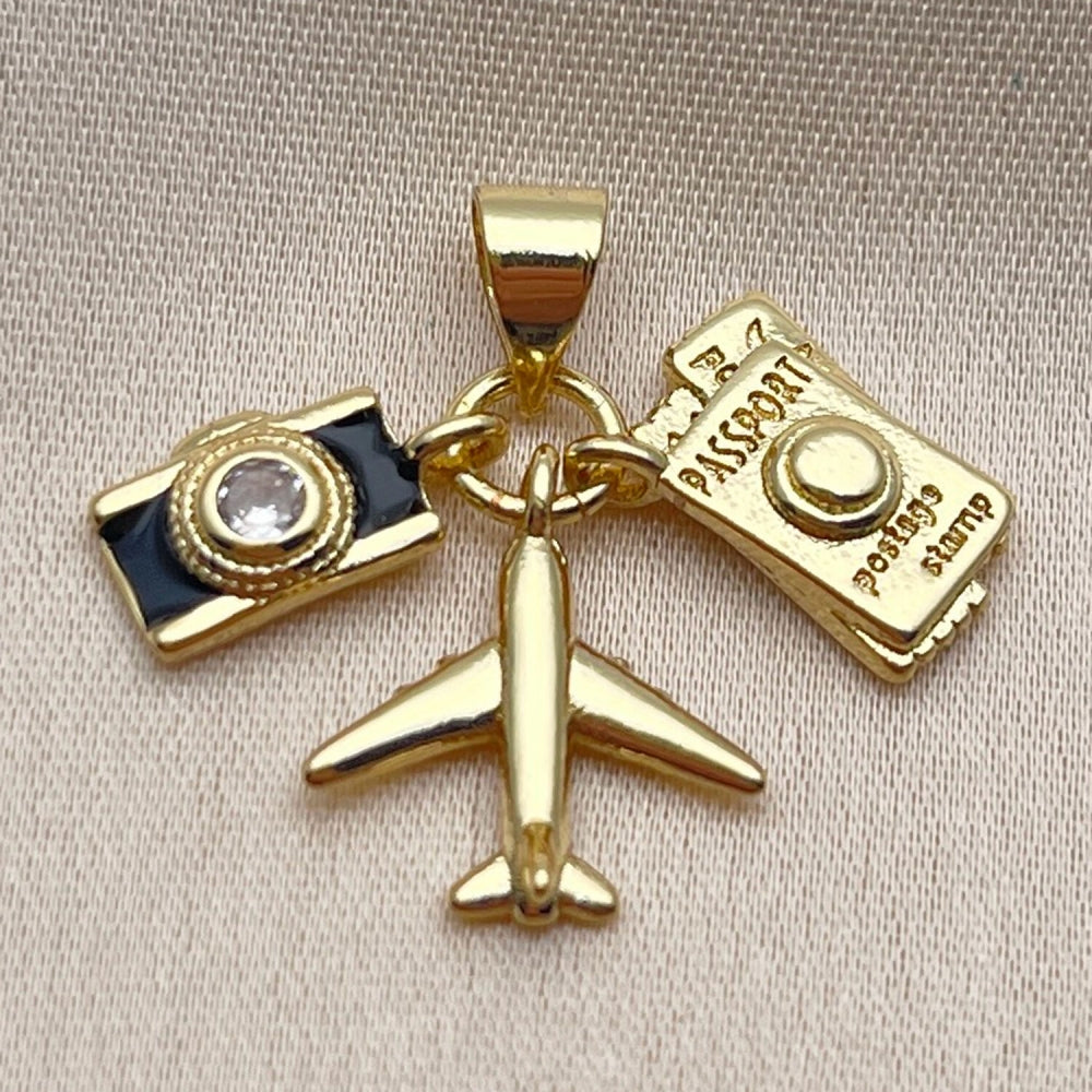 Oro Laminado Fancy Pendant, Gold Filled Style Airplane and Passport Design, with White Cubic Zirconia, Black Enamel Finish, Golden Finish