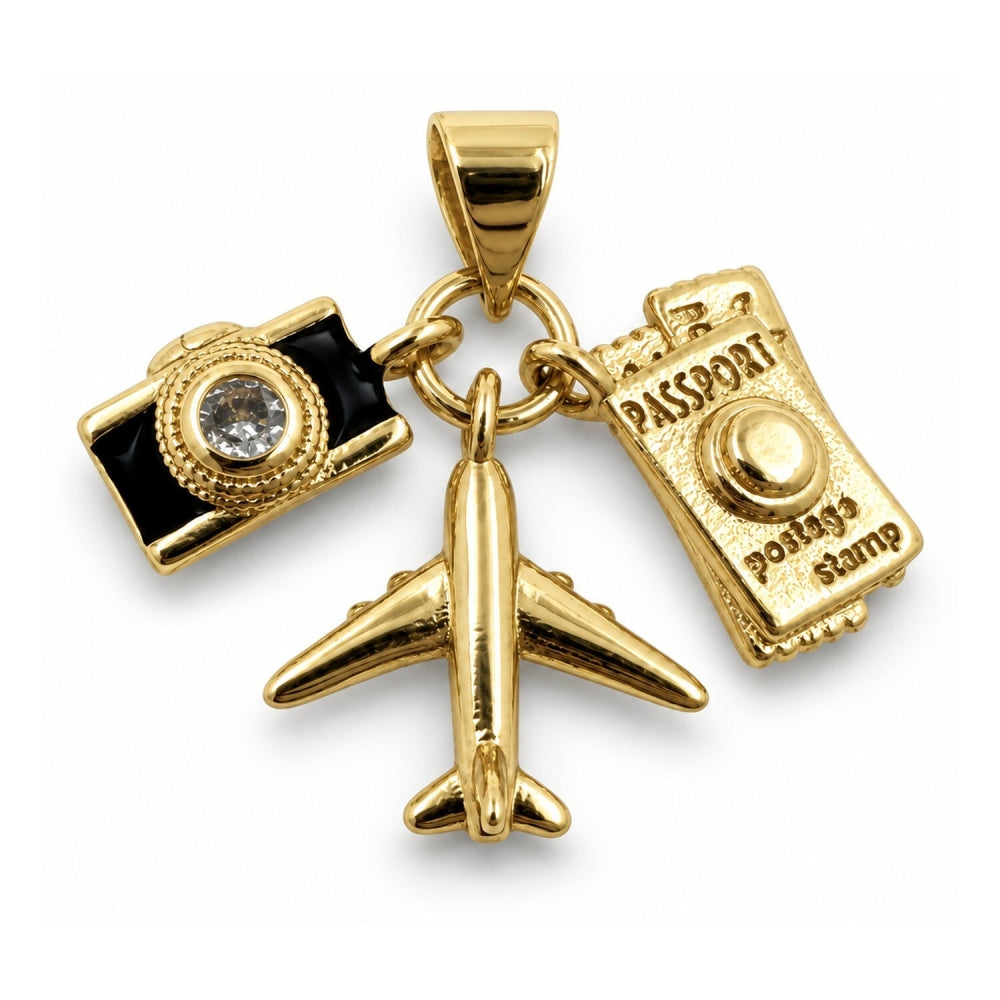 Oro Laminado Fancy Pendant, Gold Filled Style Airplane and Passport Design, with White Cubic Zirconia, Black Enamel Finish, Golden Finish