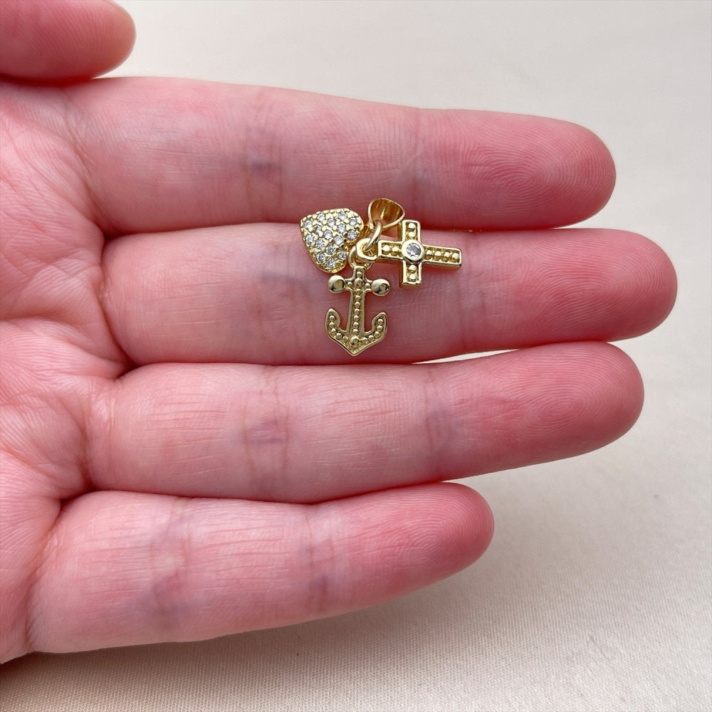 Oro Laminado Fancy Pendant, Gold Filled Style Heart and Cross Design, with White Cubic Zirconia, Polished, Golden Finish