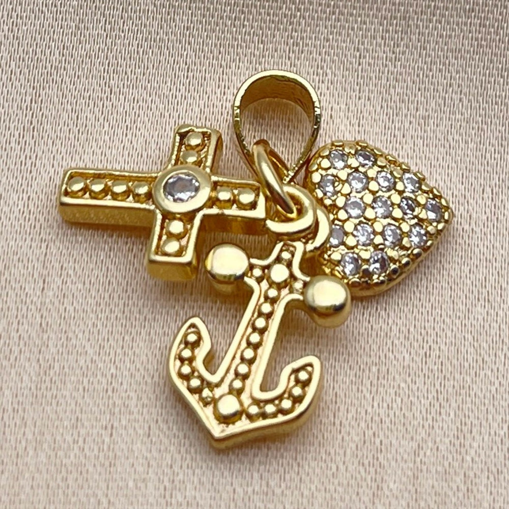 Oro Laminado Fancy Pendant, Gold Filled Style Heart and Cross Design, with White Cubic Zirconia, Polished, Golden Finish
