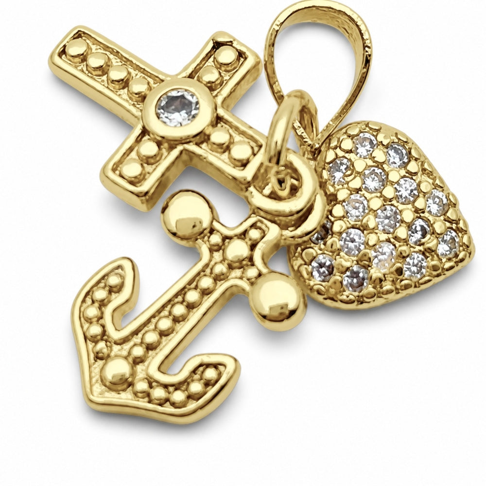 Oro Laminado Fancy Pendant, Gold Filled Style Heart and Cross Design, with White Cubic Zirconia, Polished, Golden Finish