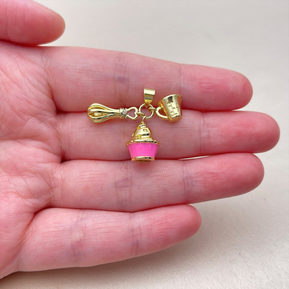 Oro Laminado Fancy Pendant, Gold Filled Style Cupcake Design, with White Cubic Zirconia, Pink Enamel Finish, Golden Finish