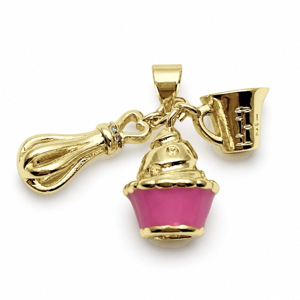 Oro Laminado Fancy Pendant, Gold Filled Style Cupcake Design, with White Cubic Zirconia, Pink Enamel Finish, Golden Finish