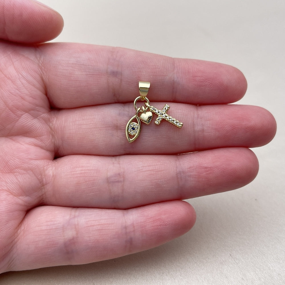 Oro Laminado Religious Pendant, Gold Filled Style Evil Eye and Heart Design, with White and Black Cubic Zirconia, Polished, Golden Finish