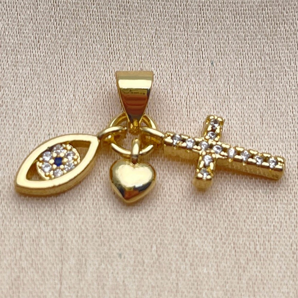 Oro Laminado Religious Pendant, Gold Filled Style Evil Eye and Heart Design, with White and Black Cubic Zirconia, Polished, Golden Finish