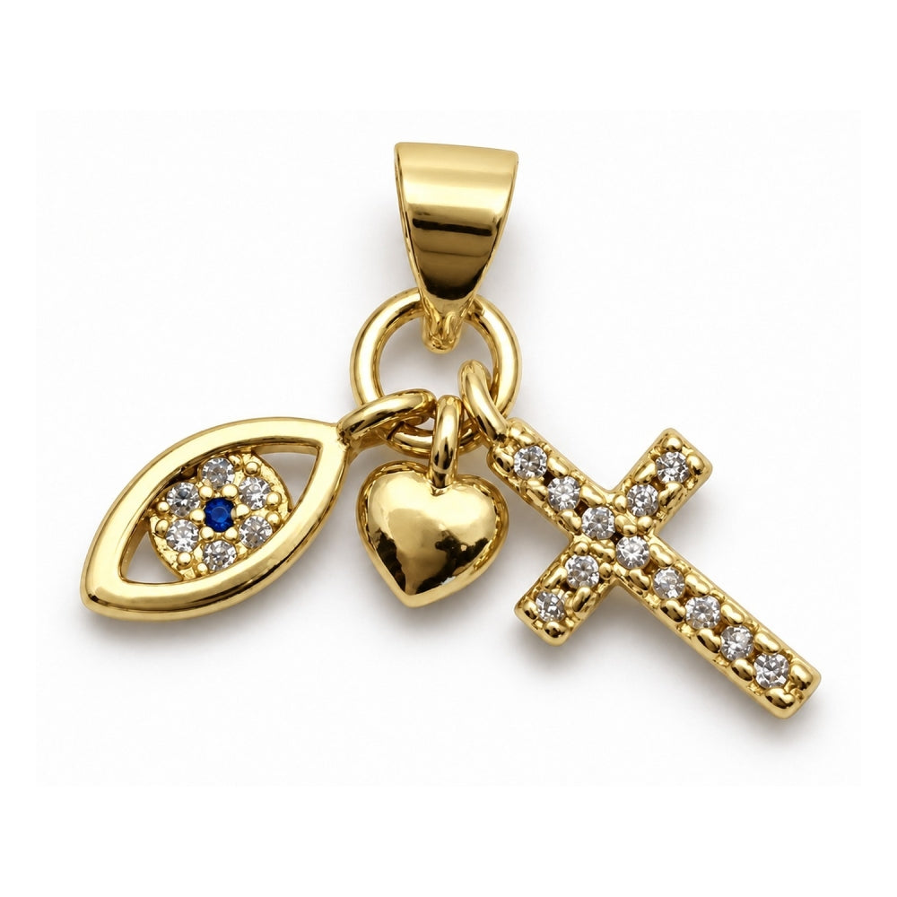 Oro Laminado Religious Pendant, Gold Filled Style Evil Eye and Heart Design, with White and Black Cubic Zirconia, Polished, Golden Finish
