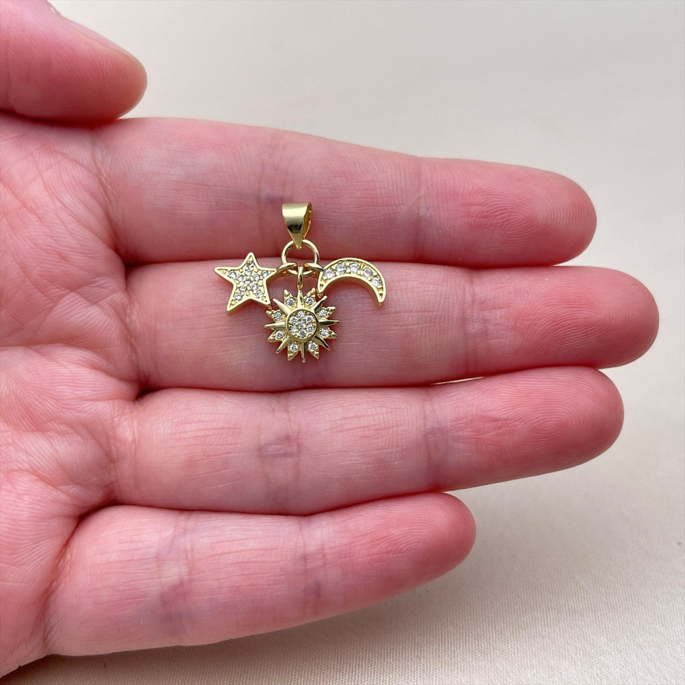 Oro Laminado Fancy Pendant, Gold Filled Style Star and Sun Design, with White Cubic Zirconia, Polished, Golden Finish