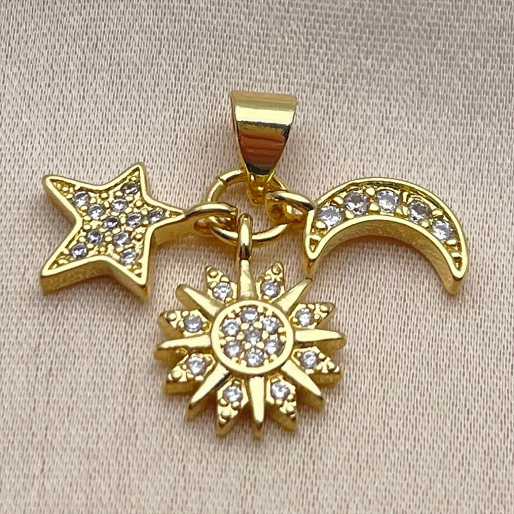 Oro Laminado Fancy Pendant, Gold Filled Style Star and Sun Design, with White Cubic Zirconia, Polished, Golden Finish