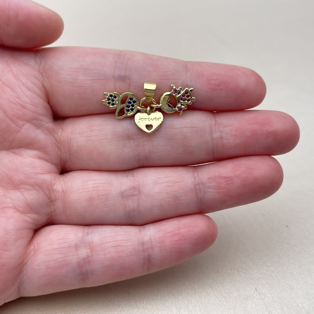 Oro Laminado Fancy Pendant, Gold Filled Style Heart and Little Girl Design, with Garnet and Aqua Blue Cubic Zirconia, Polished, Golden Finish