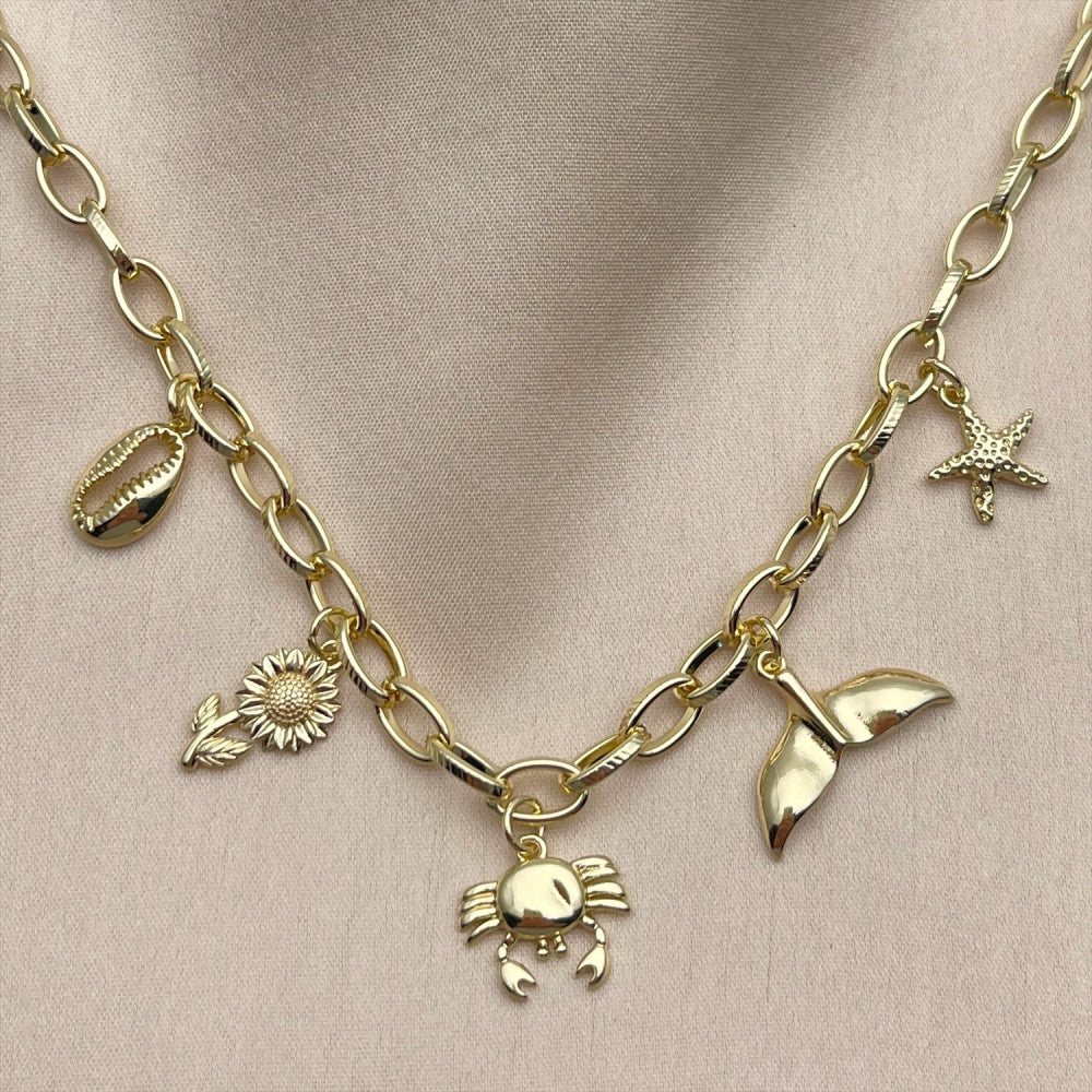 Oro Laminado Fancy Necklace, Gold Filled Style Flower and Fish Design, Polished, Golden Finish