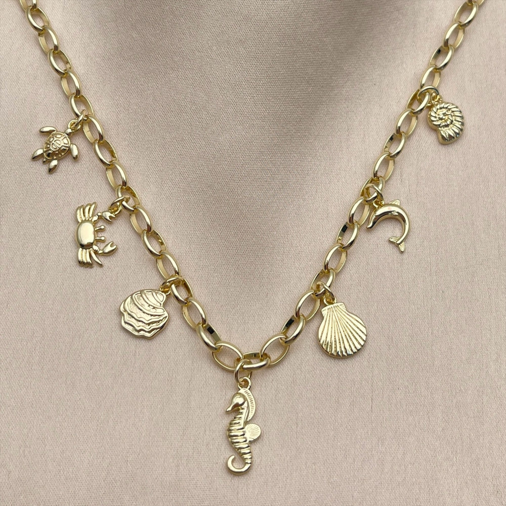 Oro Laminado Fancy Necklace, Gold Filled Style Fish and Rolo Design, Polished, Golden Finish