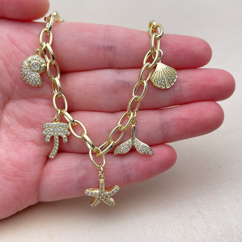 Oro Laminado Fancy Necklace, Gold Filled Style Rolo and Snail Design, with White Cubic Zirconia and White Micro Pave, Polished, Golden Finish