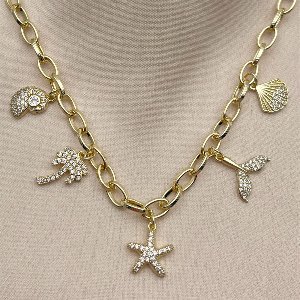 Oro Laminado Fancy Necklace, Gold Filled Style Rolo and Snail Design, with White Cubic Zirconia and White Micro Pave, Polished, Golden Finish