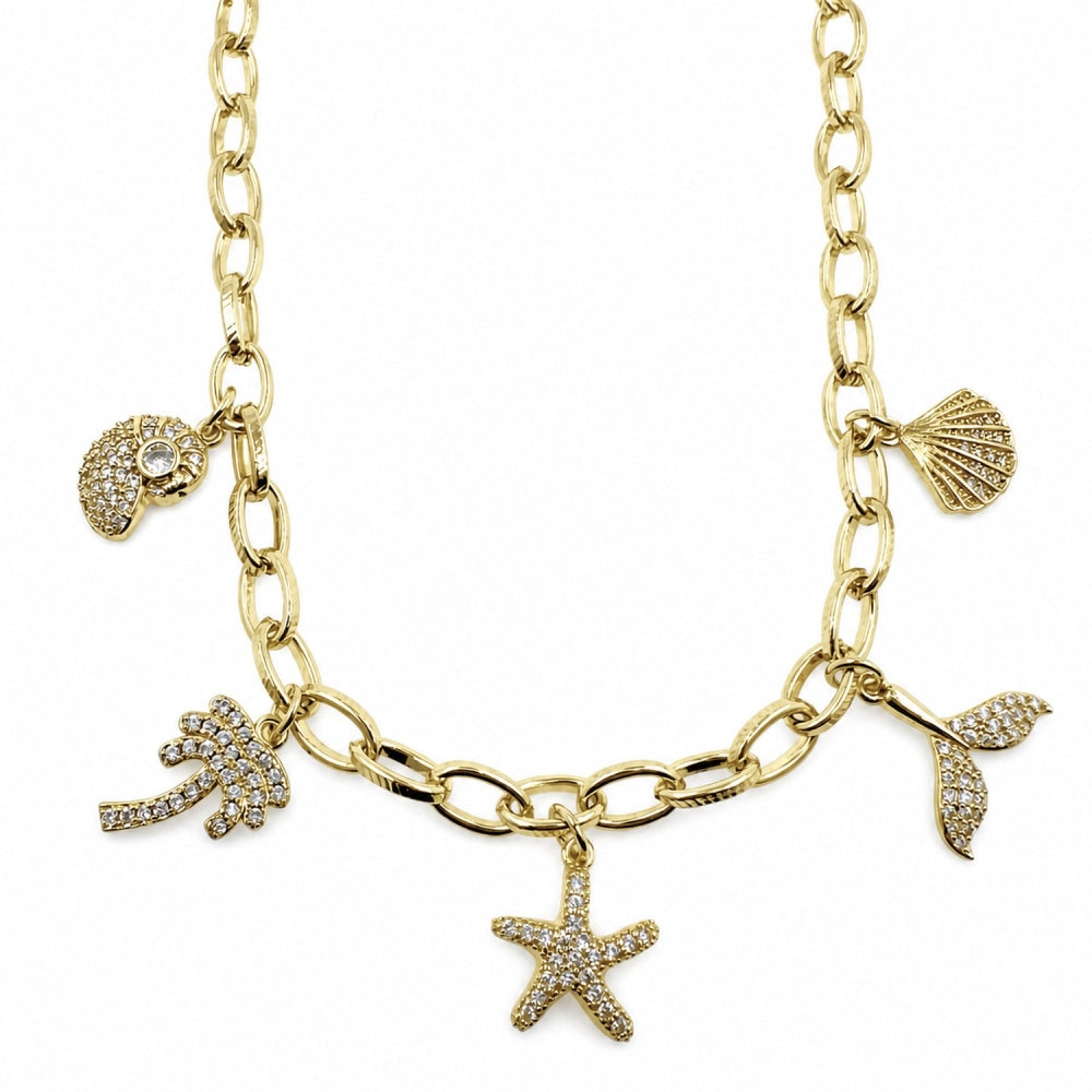 Oro Laminado Fancy Necklace, Gold Filled Style Rolo and Snail Design, with White Cubic Zirconia and White Micro Pave, Polished, Golden Finish