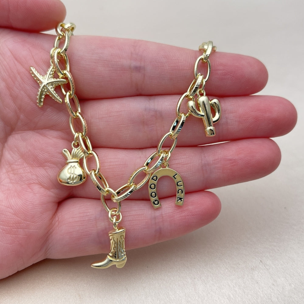 Oro Laminado Fancy Necklace, Gold Filled Style Star and Money Sign Design, Polished, Golden Finish