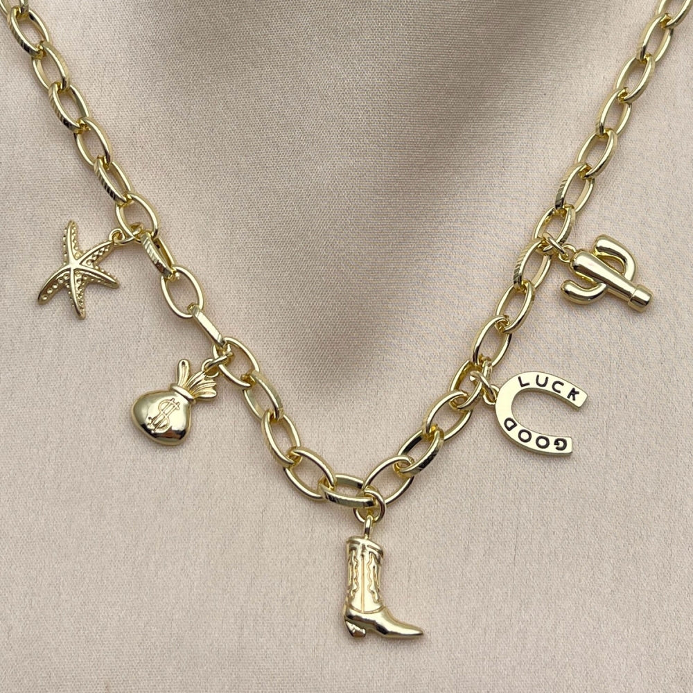 Oro Laminado Fancy Necklace, Gold Filled Style Star and Money Sign Design, Polished, Golden Finish