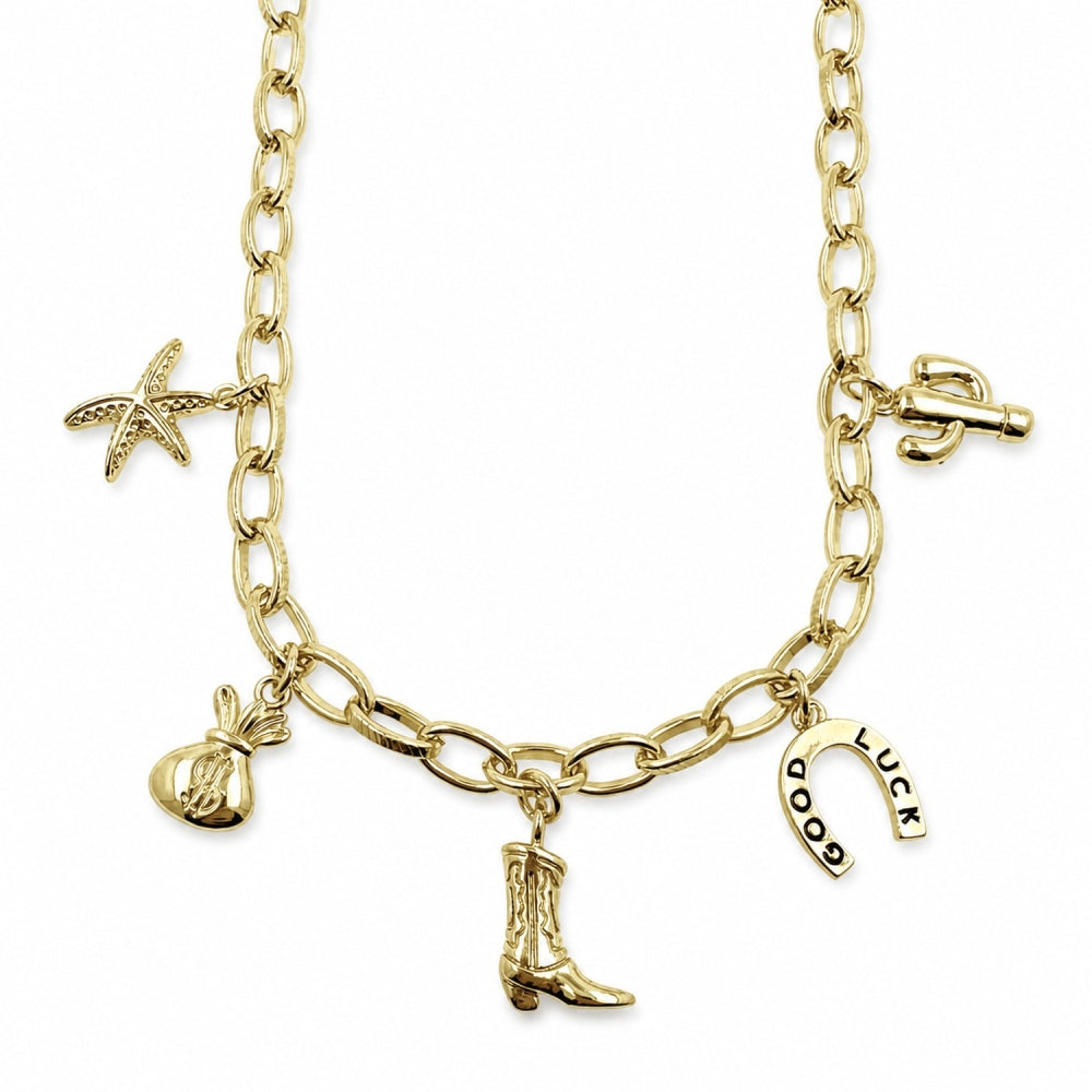 Oro Laminado Fancy Necklace, Gold Filled Style Star and Money Sign Design, Polished, Golden Finish