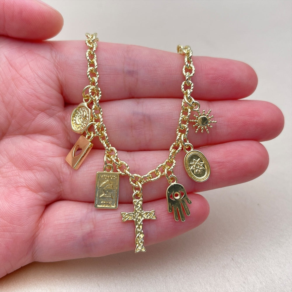 Oro Laminado Fancy Necklace, Gold Filled Style Guadalupe and Heart Design, Polished, Golden Finish