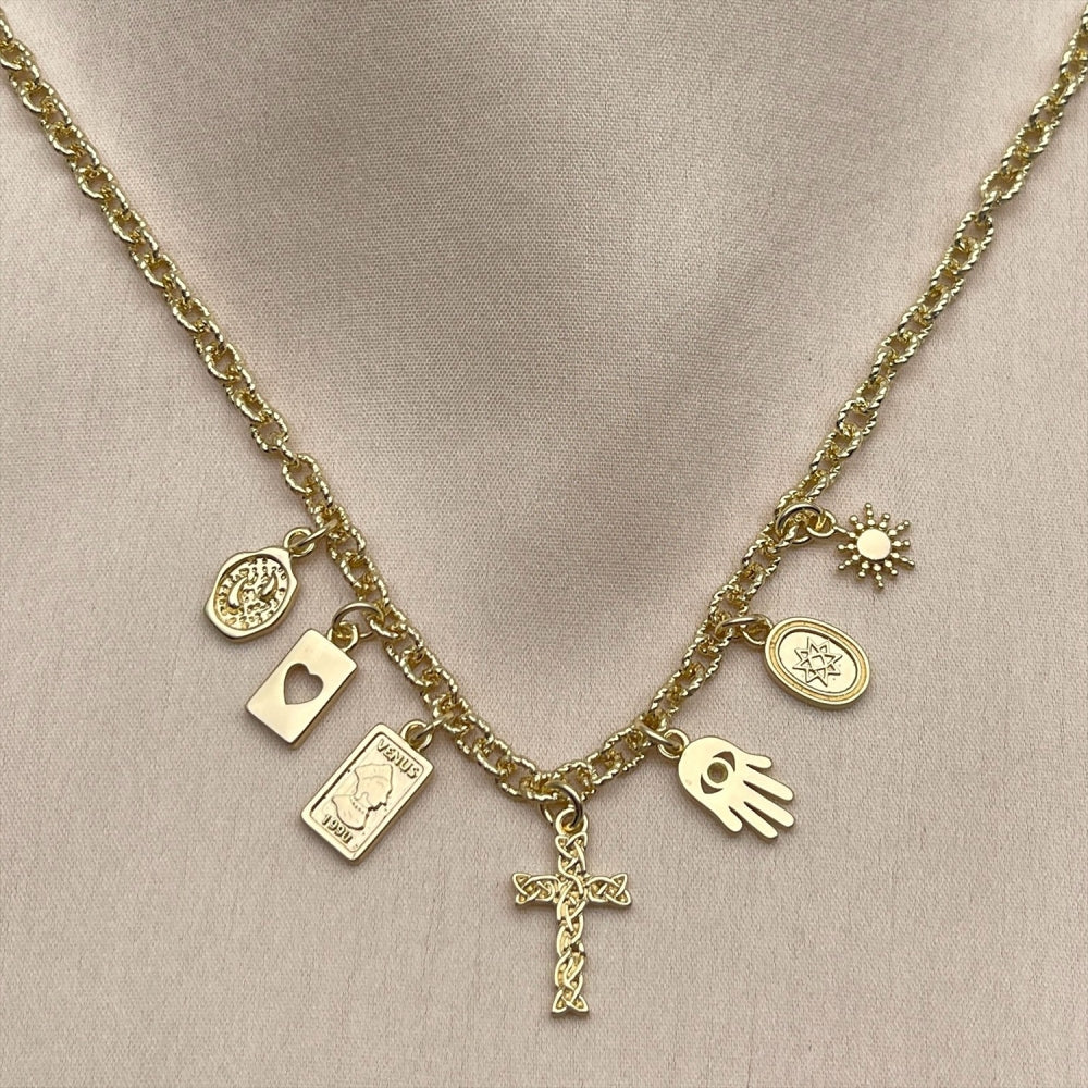 Oro Laminado Fancy Necklace, Gold Filled Style Guadalupe and Heart Design, Polished, Golden Finish