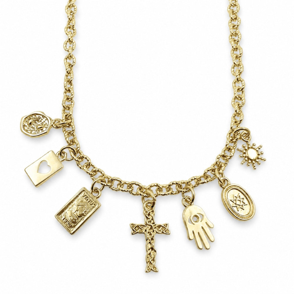 Oro Laminado Fancy Necklace, Gold Filled Style Guadalupe and Heart Design, Polished, Golden Finish