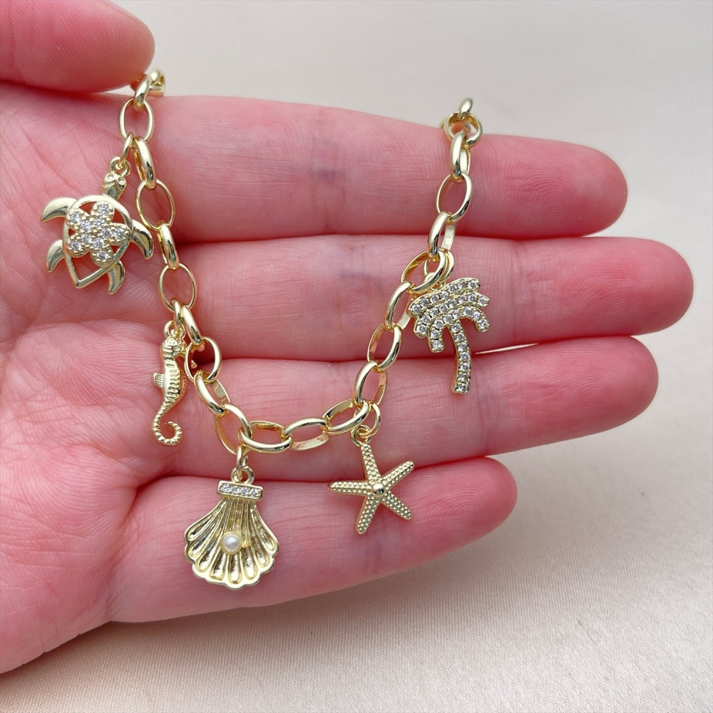 Oro Laminado Fancy Necklace, Gold Filled Style Turtle and Flower Design, with White Cubic Zirconia and Ivory Pearl, Polished, Golden Finish
