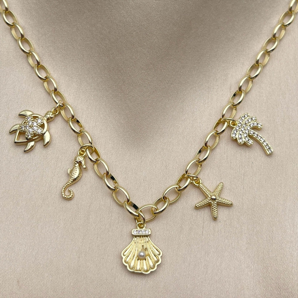 Oro Laminado Fancy Necklace, Gold Filled Style Turtle and Flower Design, with White Cubic Zirconia and Ivory Pearl, Polished, Golden Finish