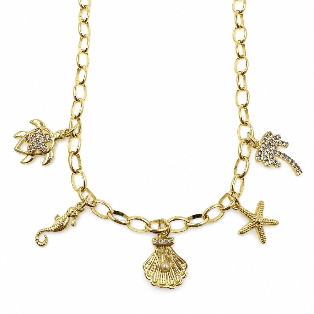 Oro Laminado Fancy Necklace, Gold Filled Style Turtle and Flower Design, with White Cubic Zirconia and Ivory Pearl, Polished, Golden Finish