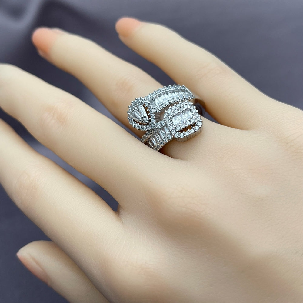 Rhodium Gold Filled Multi Stone Ring, Teardrop and Baguette Design, with White Cubic Zirconia, Polished, Rhodium Finish