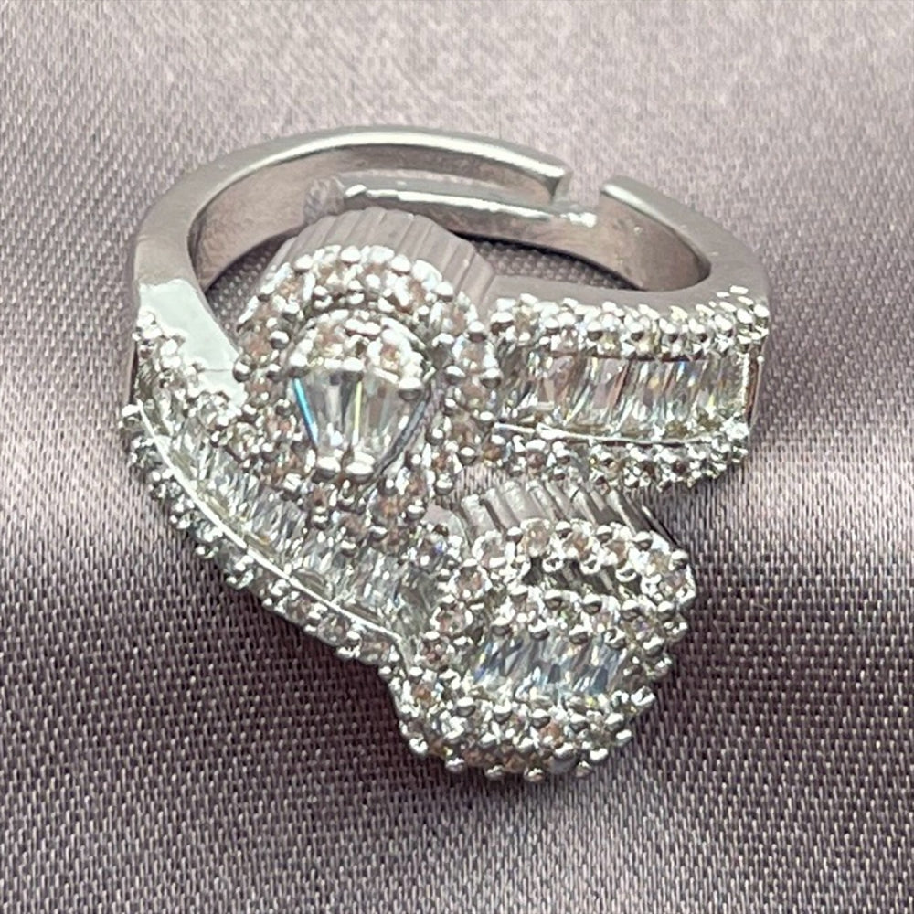 Rhodium Gold Filled Multi Stone Ring, Teardrop and Baguette Design, with White Cubic Zirconia, Polished, Rhodium Finish