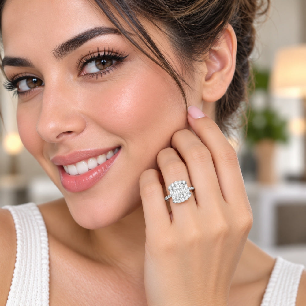 Rhodium Gold Filled Multi Stone Ring, Baguette Design, with White Cubic Zirconia, Polished, Rhodium Finish