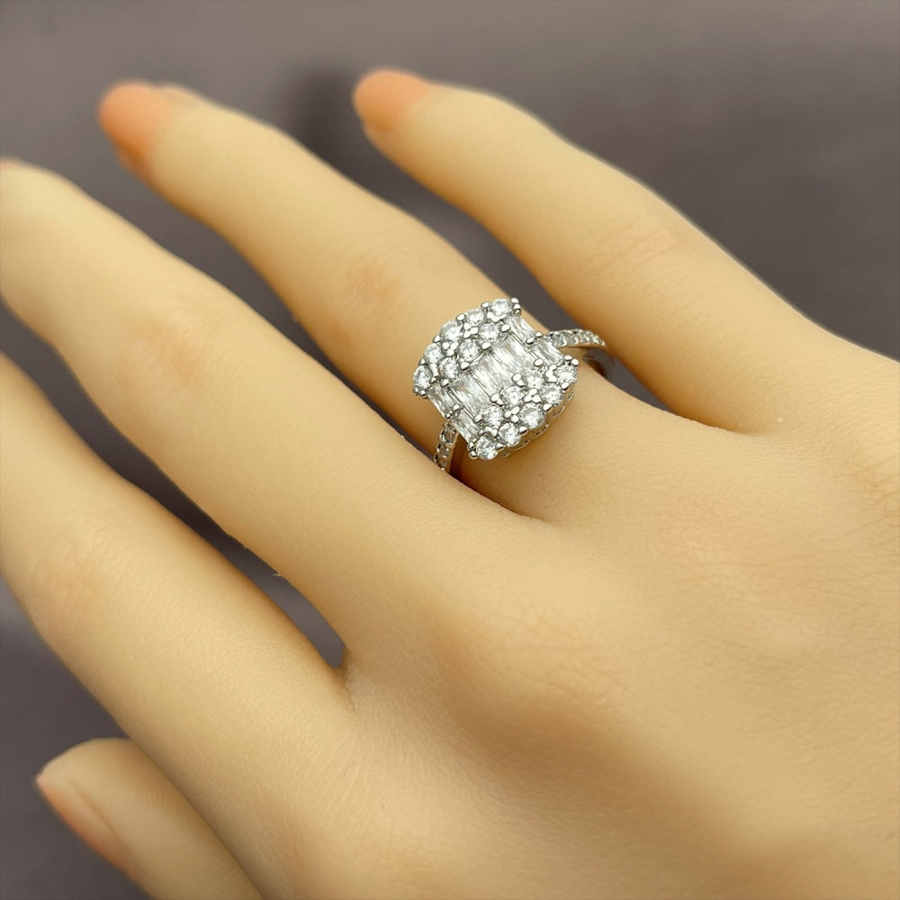 Rhodium Gold Filled Multi Stone Ring, Baguette Design, with White Cubic Zirconia, Polished, Rhodium Finish